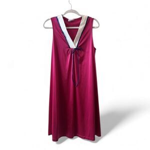 Vanity Fair Knee Length V-neck Nightgown Burgundy White Blue 70’s Sleeveless Vtg